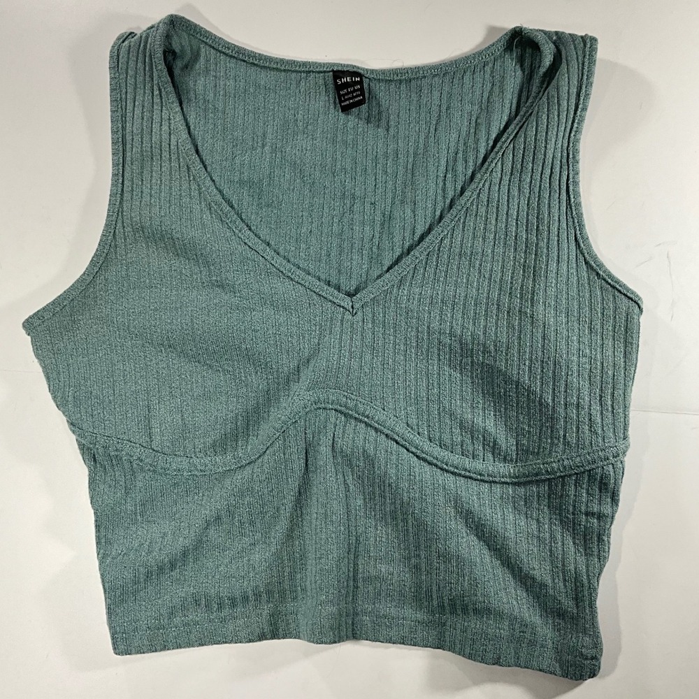 SHEIN Women Sage Green Ribbed V-Neck Bustier Seam Crop Tank Top Size L 8/10